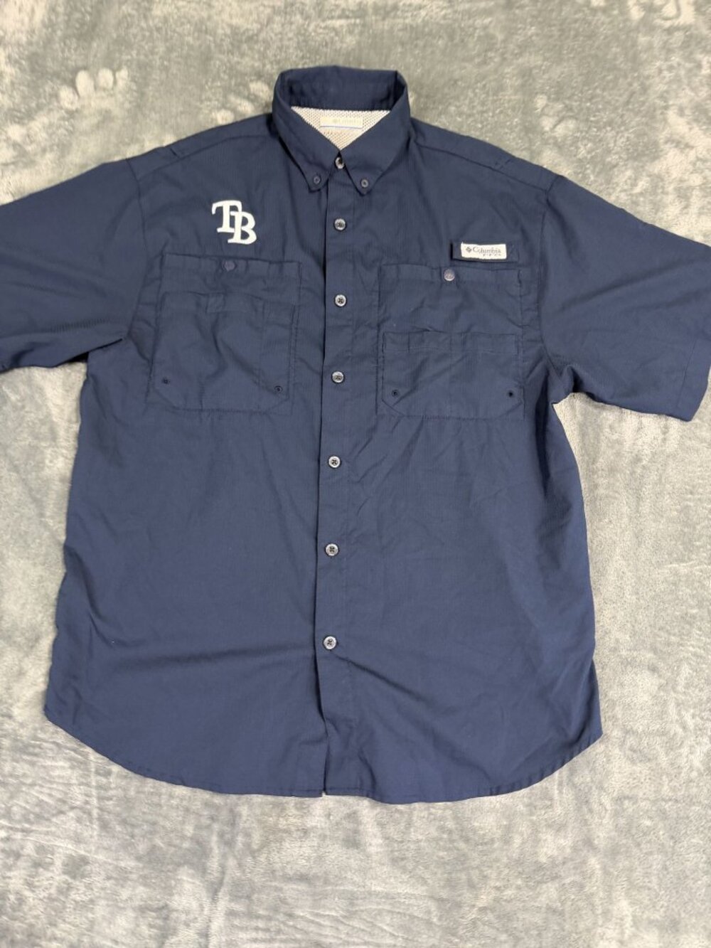 Columbia PFG Mens Navy Short-Sleeve Button-Up Shirt With Tampa Bay Logo S